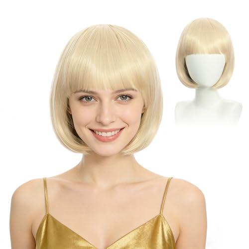Bettinay Golden Short Blonde Wigs for Women Blonde Bob Wig with Bangs for Party Cosplay Daily Gatherings Festivals