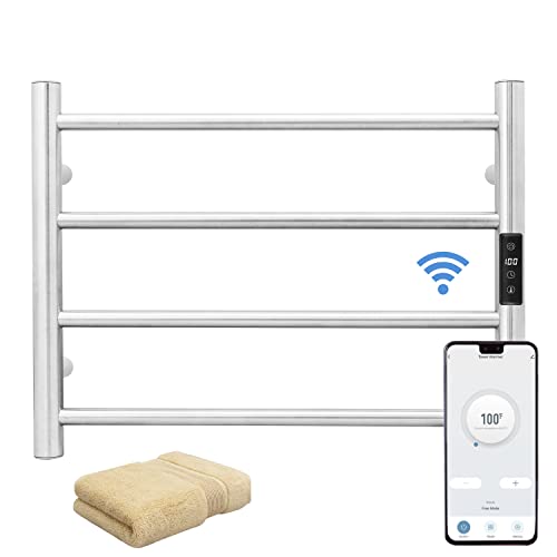KEG Smart WiFi Towel Warmer Wall Mounted with Built-in Timer and Temperature Adjust Control, 4 Bars Electric Stainless Steel Heated Towel Racks for Bathroom Brushed Nickel