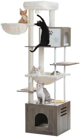 PAWZ Road 74.8" Wood Cat Tower Feed Station Large Condos Hammock ...