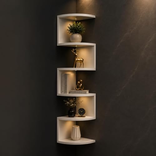 Image of Elcom Corner Wall Mounted Shelf for Living Room | Modern Wooden Corner Rack for Bedroom, Office & Home Decor | Space Saving Floating Display Shelf for Books, Plants, Photos & Decorative Items (White)
