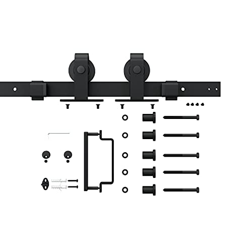 Image of 42 in. x 84 in. 3 /4 Lites Frosted Glass Black Steel Frame Interior Barn Door with Sliding Hardware Kit and Door Handle
