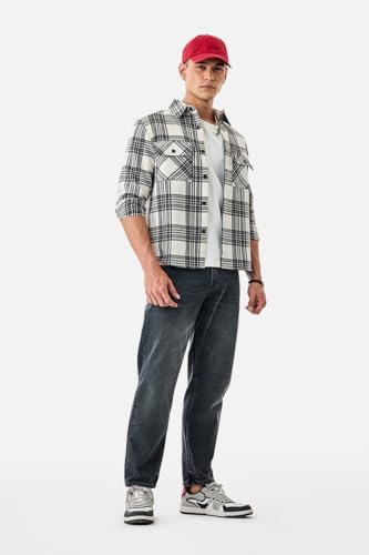 Image of SNITCH Men Casual Jeans | Relaxed Fit Straight Leg Washed Pattern & Drawstring Closure | 100% Cotton Denim Fabric for All Day Comfort & Everyday Wear