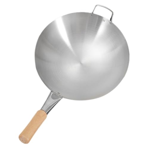 STOBAZA Wok Inox Acier Inoxydable avec Manche Bois Poêle à Frire Épaisse Antiadhésive Cuisson Homogène pour Gaz et Induction Ustensile Portable Pratique pour Cuisine Familiale et