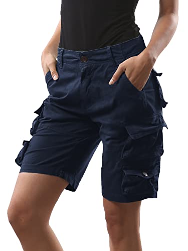 FOURSTEEDS Women's Cotton Military Tactical Multi-Pocket Outdoor Hiking Camping Working Bermuda Cargo Shorts Navy Blue US 6