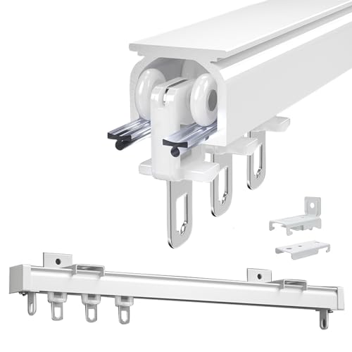 Sistema de riel de cortina de aluminio para montaje en techo o pared, ajustable de 50 a 400 cm, ideal para cortinas divisoras de ventanas y habitaciones, incluye pasillos, acabado blanco (330 cm)