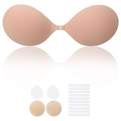 Lolaura Invisible Sticky Bra for Women - Strapless Adhesive Bra, Lycra Style, Seamless Push up Lightweight, Perfect for Backless Dresses, Reusable & Washable, with 1 Pair 3inch Nipple Cover, Nude Cover