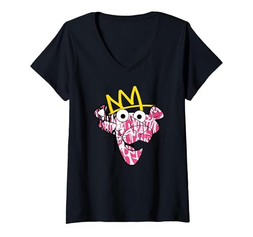 Mujer Arte de Graffiti de Pantera Rosa con Corona Camiseta Cuello V, Negro, M