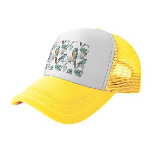 AYYQWE Gorra de béisbol de malla transpirable con estampado de loros en ramas para hombre y mujer, para viajes al aire libre, deportes, senderismo, amarillo, Talla única