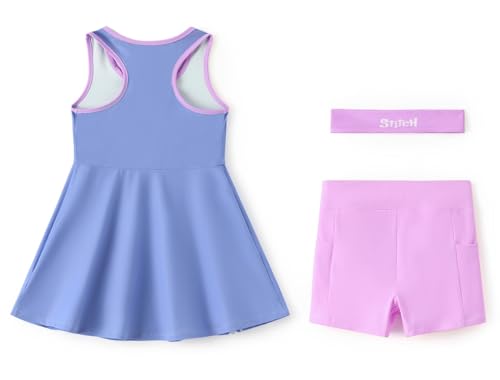 Image of Disney Frozen Elsa Princess Stitch Minnie Girls Tennis Dress Sleeveless Golf Outfit with Shorts Pocket & Headband 2-9 Years
