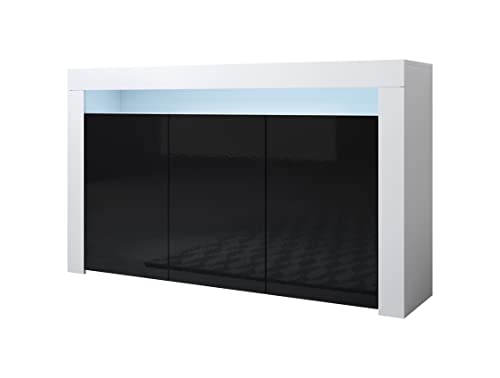 MB Muebles Bonitos | Modèle Aker | Buffet Bahut Meuble Salon Salle à Manger avec 3 Portes et LED | Dimensions Meuble: 155 x 91,5 x 37cm | Couleur Blanc et Noir Brillant