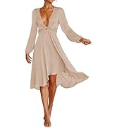 miduo Womens Dresses Satin Fashion V Neck Self Tie Long Sleeve High Waist Skater Midi Dresses for...
