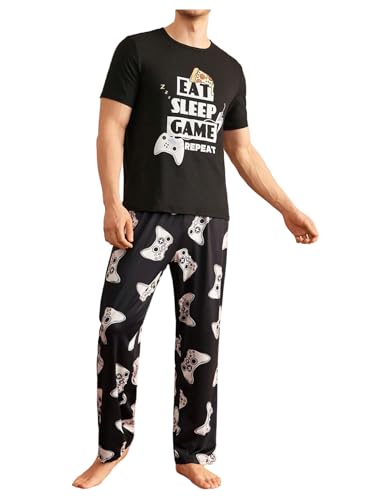 Verdusa Men's 2 Piece Summer Pajama Sets Crew Neck Graphic Tees with Long Pants Loungewear