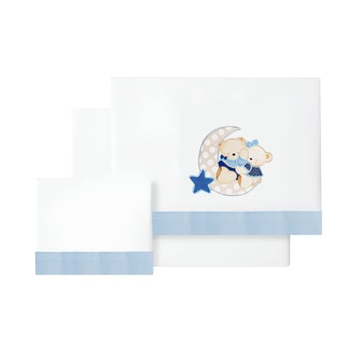 various-Juego De Sábanas para Cuna 60 x 120 cm, Bebe Primavera y Otoño Tipo 100% Algodón Extrasuave Fafricado en España-(Bajera+encimera+Funda Almohada-Amoroso Color BCO/Azul