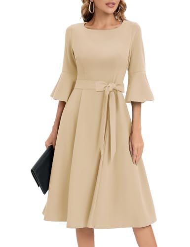 Image of HomRain Women's Church Dresses Modest Bell Sleeve Wedding Guest Cocktail Tea Party Vintage Evening Dress