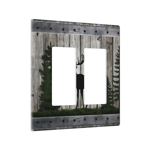 Decorative Outlet Covers Rustic Deer Elk Forest Grey Wood Board 2 Gang Wall Plate Double Rocker Two Switch Wall Cover Plate Jumbo Dual Gfci Faceplate for Farmhouse Decor