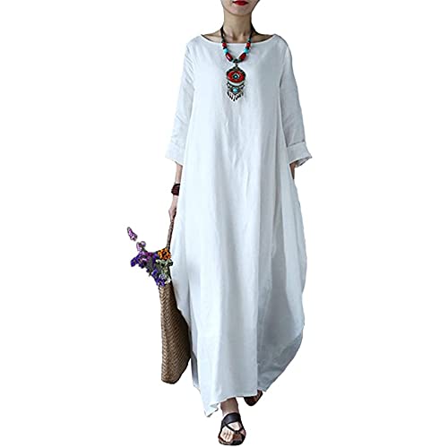 Generisch Damen Kleider Sommer Kaftan Langarm Weiß Einfarbig L EU 42 L Swing Lang Bodenlang Pull On Trägellos Niedriger Rücken Mittlere Taille...