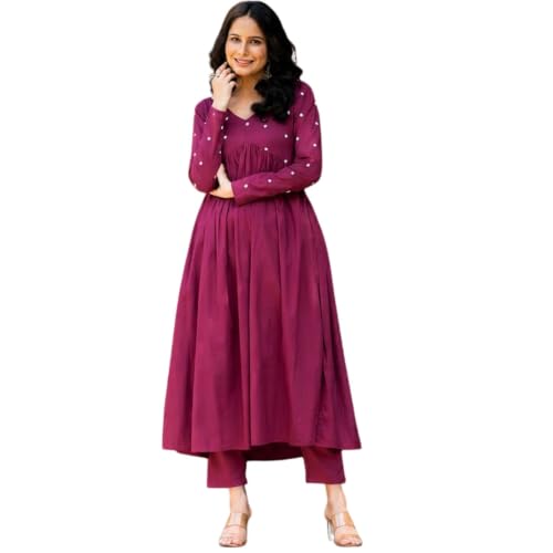 Image of Women's Long Kurta Set with Pant Polka Dots, Embroidered, V-Neck Empire Waist, Full Sleeves
