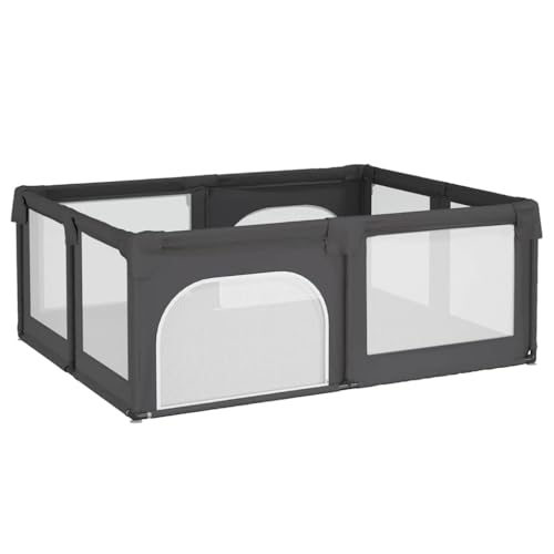 Parque infantil con 2 puertas, 190 x 150 cm, de tela Oxford resistente, valla de juegos estable con ventanas de red para niños pequeños, gris oscuro
