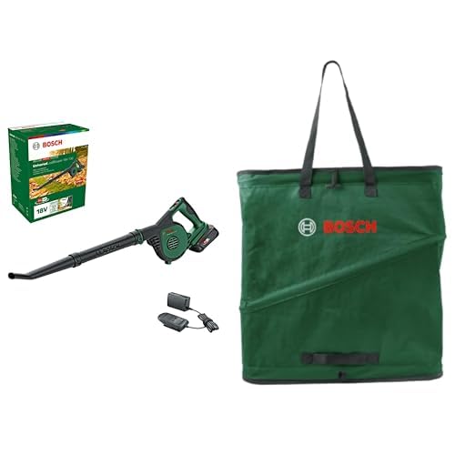 Bosch Soplador de Hojas a Batería UniversalLeafBlower 18V-130 (1 Batería de 2.5 Ah y Cargador) + Bolsa Pop Up compacta de 60 L (Bolsa Plegable para una cómoda Recogida de residuos del jardín)