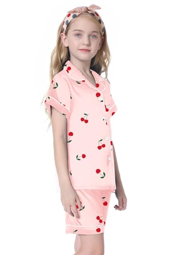 Image of Umeyda Women & Girls Pajamas Set, Soft Satin Lightweight Silk Button-Down Top with Shorts 2 Piece PJS for Mom Boys Kids Gifts