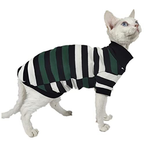 TENGTUD Ropa De Gato Hipoalergénica, Ropa De Gato De Cuello Alto De Algodón Puro,Rayas Verdes Y Blancas,SG Cover