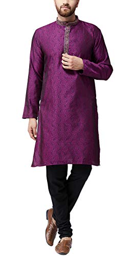 Image of SOJANYA (Since 1958 Mens Maroon Jacquard Silk Kurta and Black Churidaar Pyjama Set