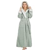 LYCY Plush Full-Length Hooded Robe for Women, Warm Winter Fleece Bathrobe with Pockets（Grey Green, L/XL）