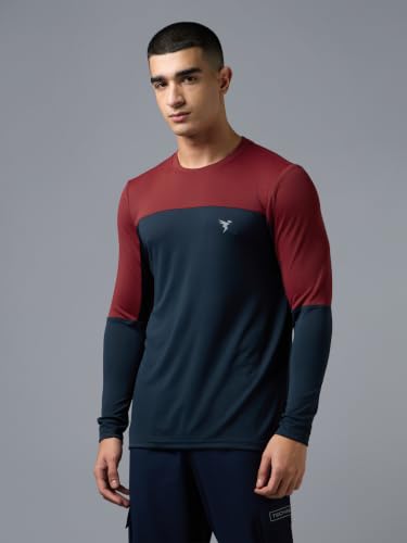 Image of TECHNOSPORT Men's Colourblock Slim Fit Round Neck T-Shirt TECHNOCOOL+ Half Sleeve Slip On Polyester for Gym Running Workout UPF50+ Anti Odour