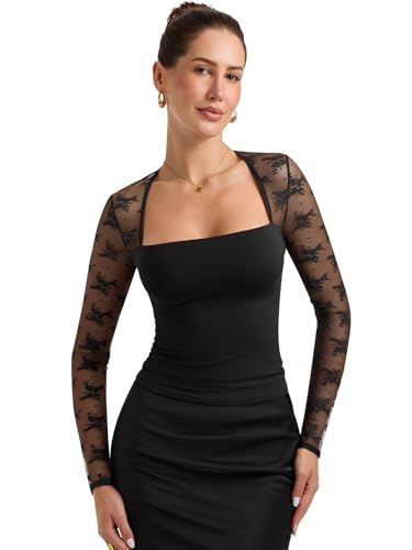 PINKMSTYLE Women Sexy Square Neck Lace Long Sleeve Tops Slim Fit Double Lined Trendy Y2K Going Out Fall Shirts2