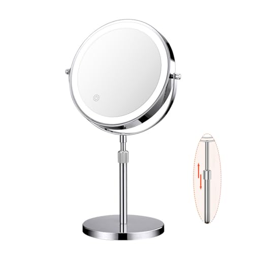 Espejo de maquillaje iluminado de 10X, rotación de 360° y elevable, 3 ajustes de luz LED, espejo de tocador recargable de doble cara, brillo ajustable, espejo cosmético iluminado, plateado