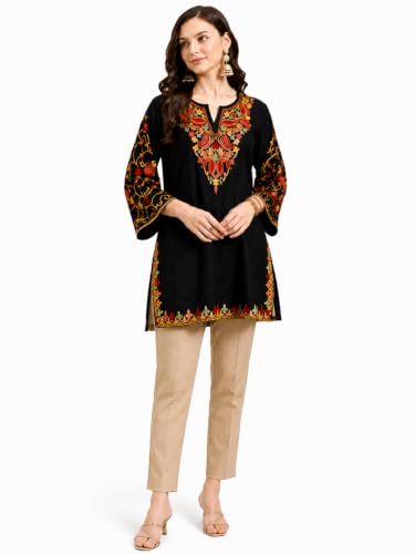 Image of HAUTEMODA Women Cotton Floral Embroidered Short Kurti, Tunic, Three-Fourth Sleeves, White