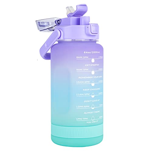 UeKeKicg 2 Litre Water Bottle,64ozHalf Gallon Water Bottle with Time Marker/Straw/Chug One Lids, Leakproof Tritan BPA Free Reusable Water Jug Easy Carry for Adult and Kids Gym Sports Outdoors (Pink)