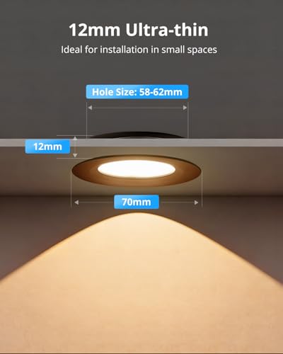 12V Campervan Lights, 4 X 3W Alu LED Downlights Ceiling Dimmable 3000K Warm White 84Ra, 12mm Ultra-Slim 12V Spot Lights, Φ58-62mm Hole, LED Recessed Ceiling Lights for Motorhome Boat Caravan