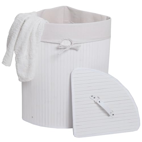 Eckwäschekorb HWC-C21, Laundry Wäschebox Wäschesammler Wäschebehälter, Bambus 61x48x35cm 50l - weiß