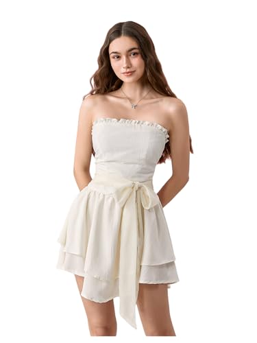 Image of Floerns Women's Layered Ruffle Strapless Tube Dress Tie Waist Cute A Line Dresses