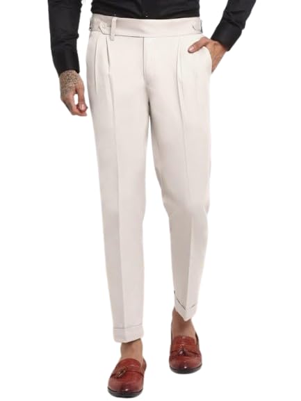 Vintage Tweed Slim Fit Trousers for Men, Herringbone Pleated Tailored Flat Front Formal Pant for Office Wear - Cream
