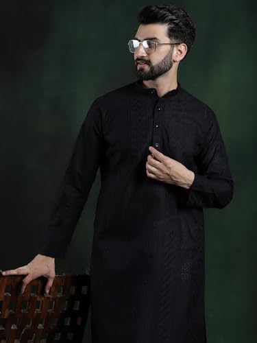 Image of SOJANYA (Since 1958 Men's Pure Cotton Checked Embroidered Long Kurta | Traditional for Diwali Celebrations