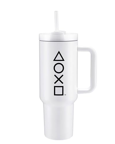 Pyramid International Offizieller PlayStation Becher mit Strohhalm und Deckel, doppelwandig, vakuumisoliert, kalt für 11 Stunden, heiß für 7 Stunden, BPA-frei
