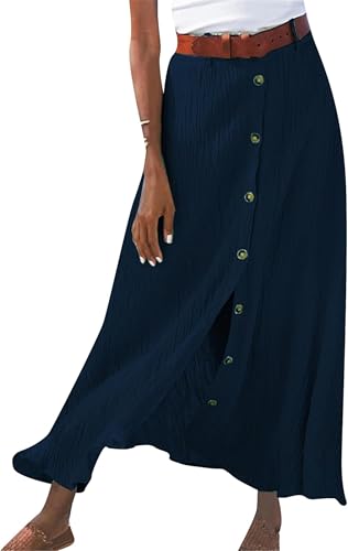 Women's Button Front Slit High Waist Maxi Skirt Cotton Linen Front