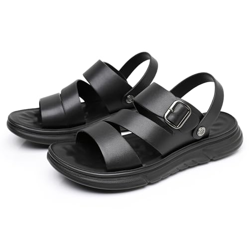 Finishing & Sewing Men's Leather Comfort Beach Sandals with Adjustable Buckle Strap2