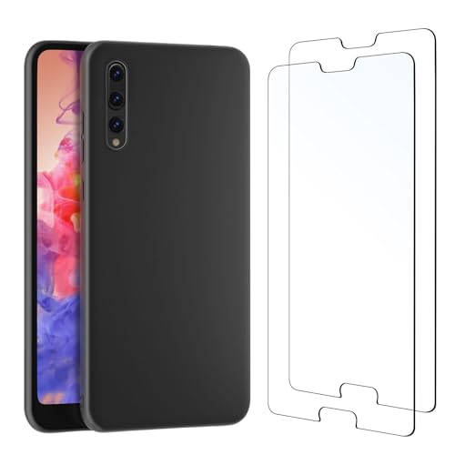 NEW'C Funda para Huawei P20 Pro Carcasa Silicona Negra y 2X Protector de Pantalla para Huawei P20 Pro Cristal Templado - Antiarañazos