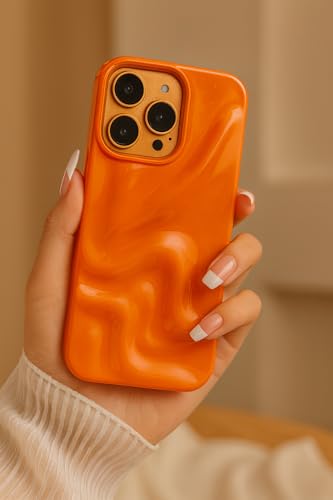 Image of COVERLY Orange Sparkle Swirl Back Case Cover for iPhone 12 Pro | Hot Minimalist Faux Wave Cute Design | Water Wrinkle Glitter | Silicone Aesthetic Glossy Cover for Girls & Women (Orange, Shockproof)