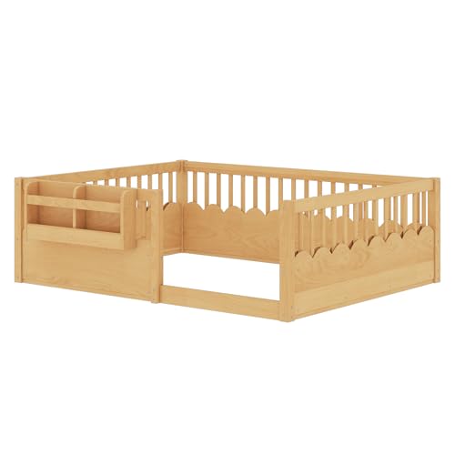 Image of Bellemave Full Size Kids Montessori Floor Bed,Solid Wood Floor Bed Frame with Bookshelf and High Fence for Kids,Girls,Boys,Natural