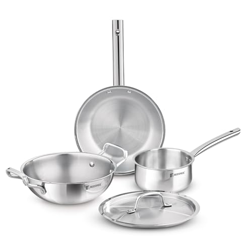 Image of Bergner TriPro 4 Pcs Tri-Ply Stainless Steel Induction Bottom Cookware Set - 22cm (2L) Kadai and 22cm (1L) Frypan with Common Stainless Steel Lid, 14cm (1L) Teapan, Less Oil Use, Easy to Clean