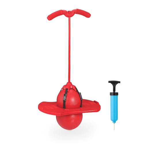 Relaxdays Pogo Ball für Kinder, bis 100 kg, Hüpfspielzeug Outdoor, Hüpfball mit Griffen, HBT: 74 x 39 x 29 cm, rot