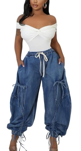 Elasticated Waistband Drawstring Tie Bow Loose Straight Jeans Denim Pants2