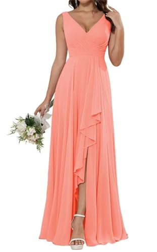 SAYNO Damen V-Ausschnitt Chiffon Rüschen Brautjungfernkleid mit Schlitz Geraffte A-Linie Lange formelle Kleider mit Taschen, lachsfarben, 36 SAYNO Damen V-Ausschnitt Chiffon Rüschen Brautjungfernkleid mit Schlitz Geraffte A-Linie Lange formelle Kleider mit Taschen, lachsfarben, 36