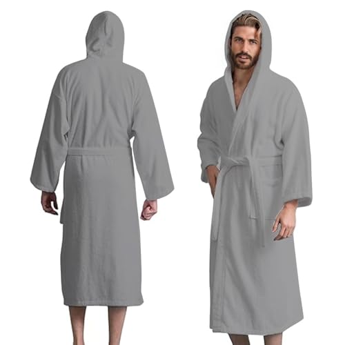 Men’s Hooded Bathrobe, 100% Cotton Terry Bathrobe, Spa Style Bath Robe, Absorbent Shower Robe, Lightweight Towel Bathrobes (US, Numeric, 0, Regular, Regular, S/M, LIGHT GREY)