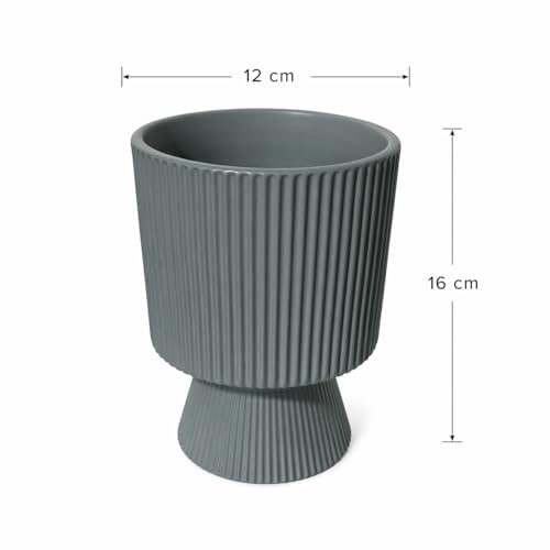 Image of Xtore Striking Pedestal Ceramic Planter Pot for Indoor Plants | Elevated Ribbed Flower Pot for Home, Office Desk & Balcony Decor (Matte Grey - Planter only)