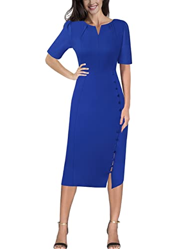 VFSHOW Womens Pleated Notch V Neck Buttons Split Work Office Business Slim Bodycon Pencil Sheath Midi Dress2